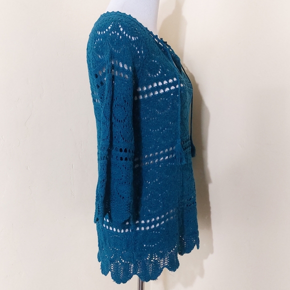 Lucky Brand Blue Crochet Tassle 3/4 Sleeve Scalloped Knit Blouse Top Size Small - Picture 6 of 12